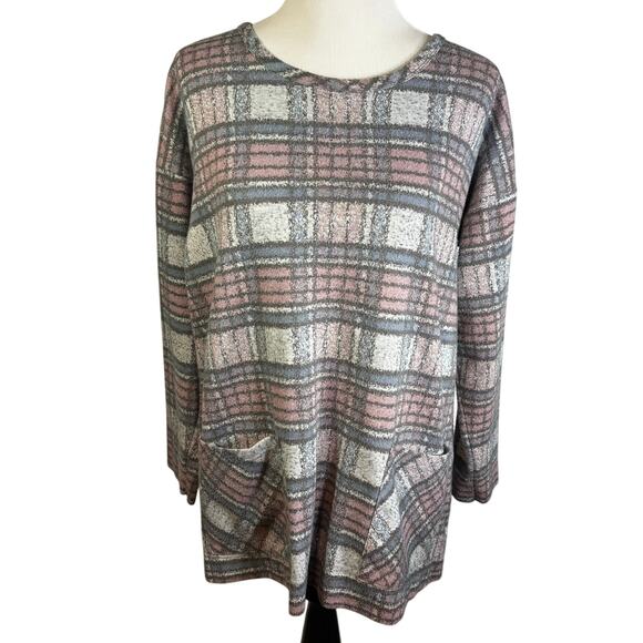 Soft Surroundings Justine Tunic Top Pink Blue Plaid Flannel Womens Large Pockets - Picture 1 of 6